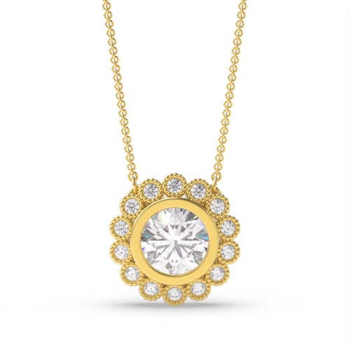 Bezel Setting Round Yellow Gold Miligrain sliding Halo Pendant Necklaces