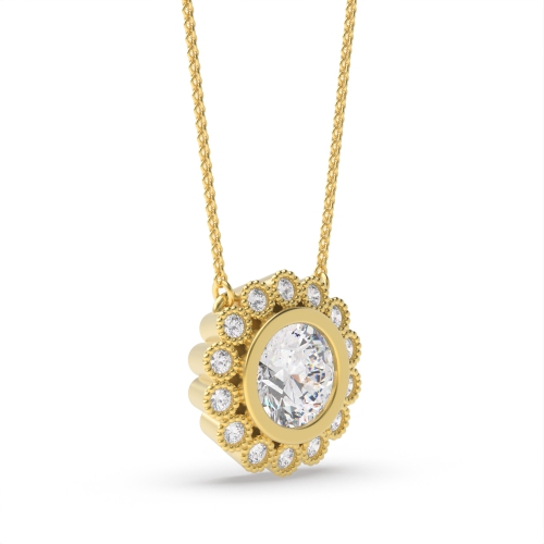 Bezel Setting Round Yellow Gold Miligrain sliding Halo Pendant Necklaces
