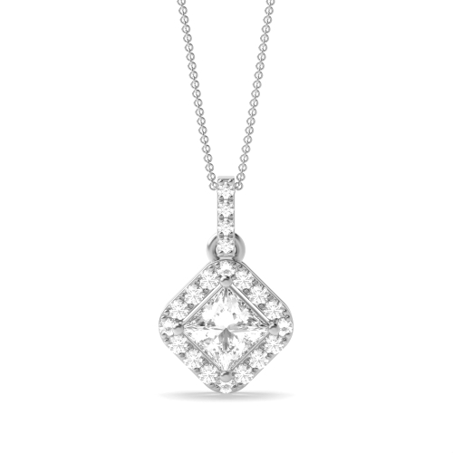 Smooth Corner Dangling Princess Shape Halo Diamond Necklace