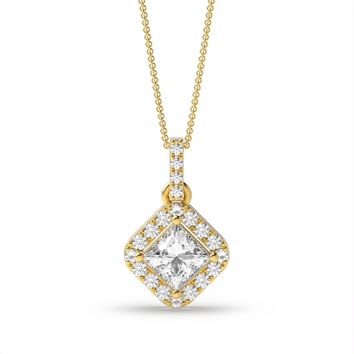 4 Prong Princess Yellow Gold Smooth corner dangling Halo Pendant Necklaces