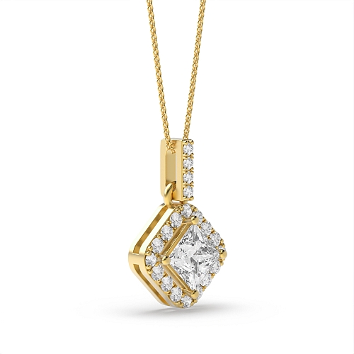 4 Prong Princess Yellow Gold Smooth corner dangling Halo Pendant Necklaces