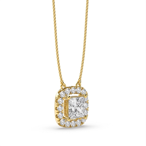 4 Prong Princess Yellow Gold Sliding Halo Pendant Necklaces