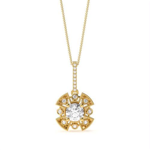 4 Prong Round Yellow Gold Vintage Halo Pendant Necklaces