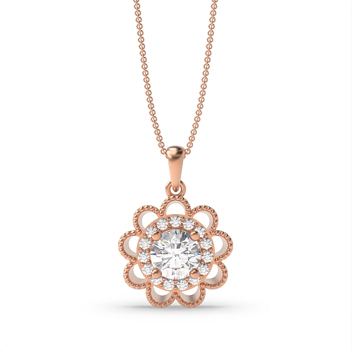 4 Prong Round Rose Gold Flower style and halo milligrain Pendant Necklaces