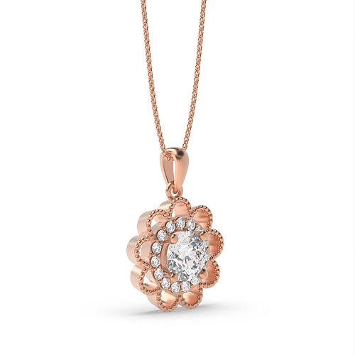4 Prong Round Rose Gold Flower style and halo milligrain Pendant Necklaces