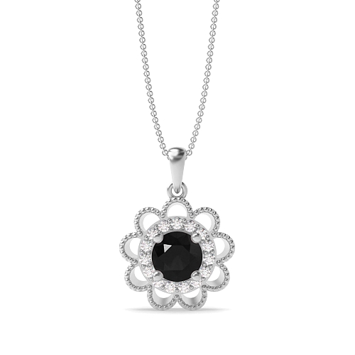 4 Prong Round Flower style and halo milligrain Black Diamond Pendant Necklaces