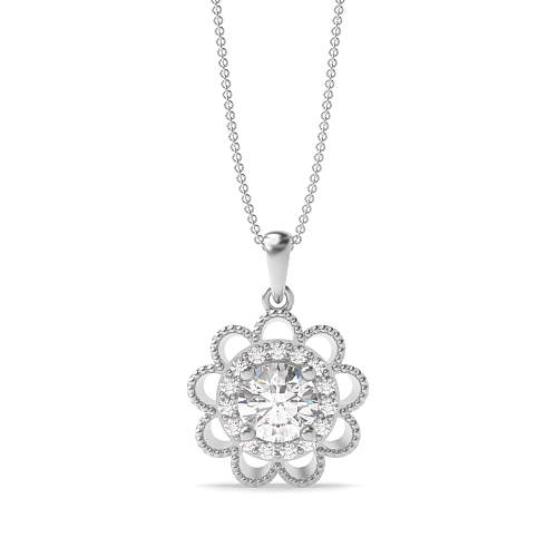 4 Prong Round Flower style and halo milligrain Designer Pendant Necklaces