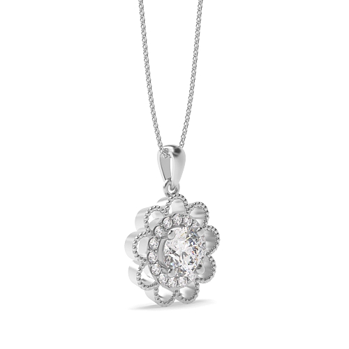 4 Prong Round Flower style and halo milligrain Designer Pendant Necklaces