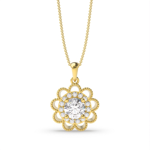 4 Prong Round Yellow Gold Flower style and halo milligrain Pendant Necklaces