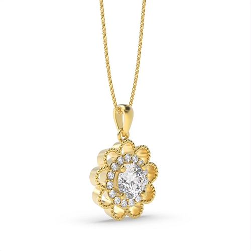 4 Prong Round Yellow Gold Flower style and halo milligrain Pendant Necklaces
