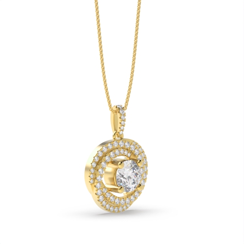 4 Prong Round Yellow Gold Swirling Halo Pendant Necklaces