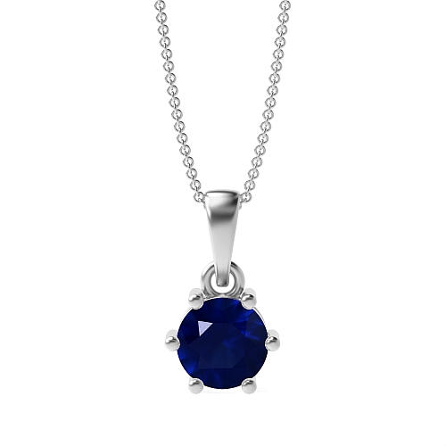 6 Prong Round Crown dangling Blue Sapphire Pendant Necklaces