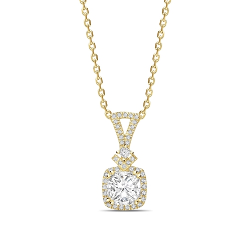 4 Prong Princess Yellow Gold Modern Halo Pendant Necklaces