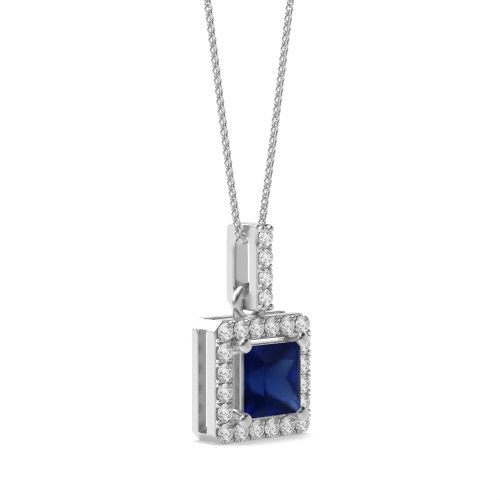4 Prong Dangling Blue Sapphire Halo Pendant Necklace