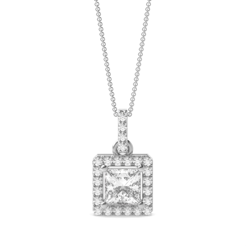 1 carat Classic Dangling Princess Shape Halo Diamond Pendant Necklace