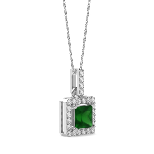4 Prong Dangling Emerald Halo Pendant Necklace