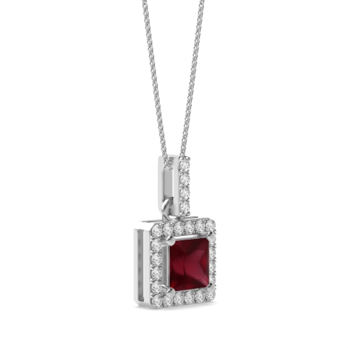 4 Prong Dangling Ruby Halo Pendant Necklace