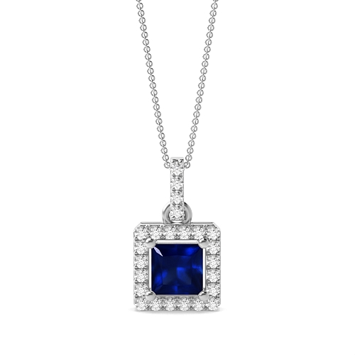 4 Prong Dangling Blue Sapphire Halo Pendant Necklace