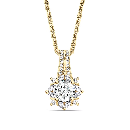4 Prong Round Yellow Gold Two row star Halo Pendant Necklaces
