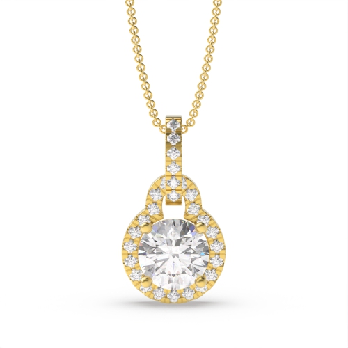 4 Prong Round Yellow Gold Lock dangling Halo Pendant Necklaces