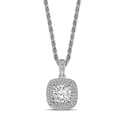 4 Prong Princess Double row dangling Moissanite Halo Pendant Necklaces