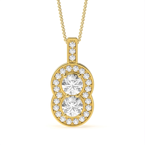4 Prong Round Yellow Gold Mirage luster Halo Pendant Necklaces