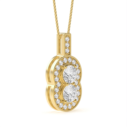 4 Prong Round Yellow Gold Mirage luster Halo Pendant Necklaces