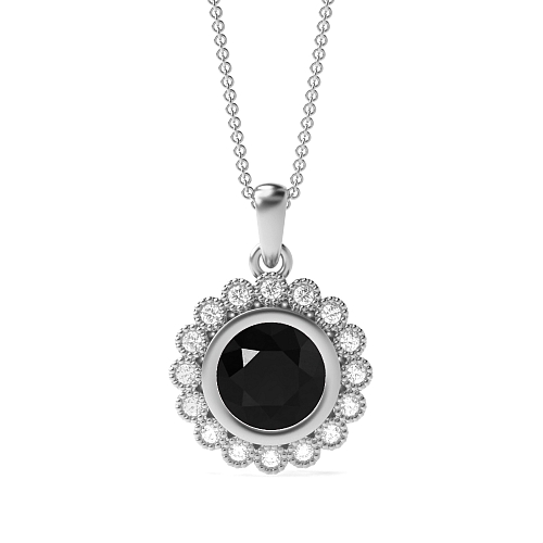 4 Prong Round Miligrain vintage Black Diamond Pendant Necklaces