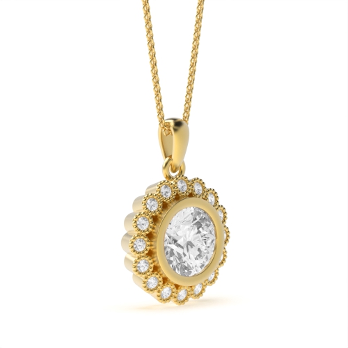 4 Prong Round Yellow Gold Miligrain vintage Halo Pendant Necklaces