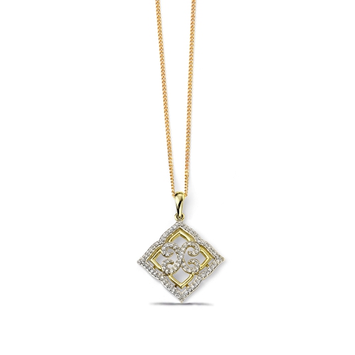 4 Prong Round Yellow Gold Floral square Pendant Necklaces