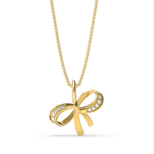 Pave Setting Round Yellow Gold Delicate bow Pendant Necklaces