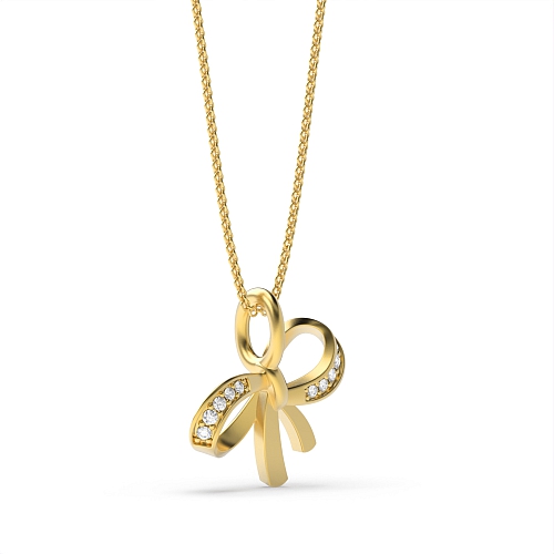 Pave Setting Round Yellow Gold Delicate bow Pendant Necklaces