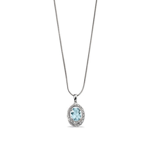 4 Prong Oval Twinkle Aquamarine Halo Pendant Necklace