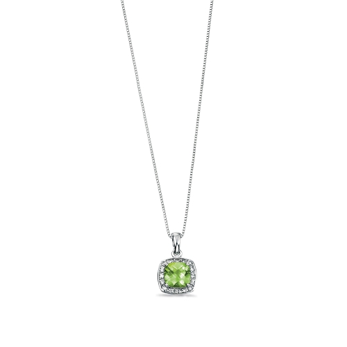 Cushion Cut Peridot with Pave Set Halo Diamond Necklaces (14.6mm X 9mm)