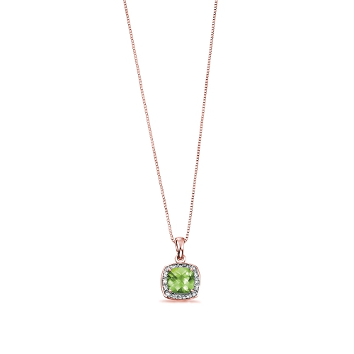 4 Prong Rose Gold Cushion peridot with Lab Grown Diamond Pendant Necklaces