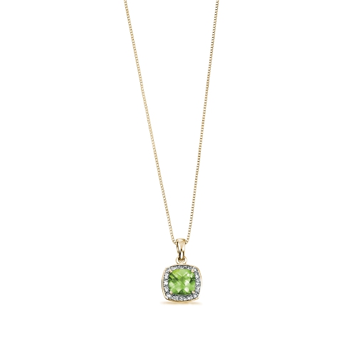 4 Prong Yellow Gold Cushion peridot with Lab Grown Diamond Halo Pendant Necklaces