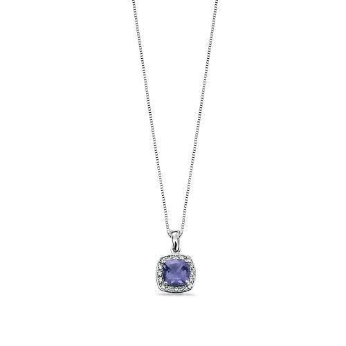 Cushion Cut  Iolite with Diamond Surrounded Halo Diamond Necklace (14.5mm X 9mm)