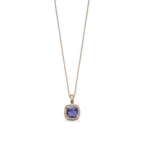 4 Prong Rose Gold Cushion iolite with sured Lab Grown Diamond Pendant Necklaces