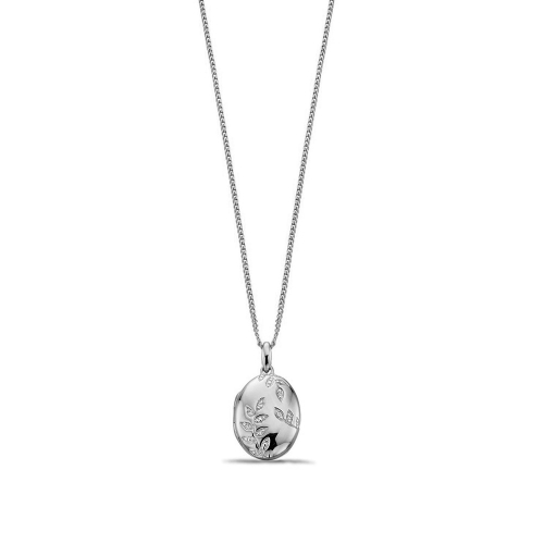 Oval Locket with Lab Grown Diamond Leaf Pattern Lab Grown Diamond Locket Necklace Pendant (22mm X 12.5mm)