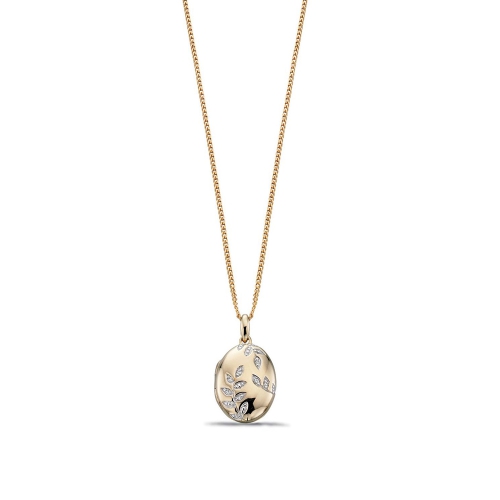 Oval Locket with Diamond Leaf Pattern Diamond Locket Necklace Pendant (22mm X 12.5mm)