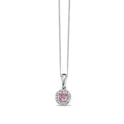 4 Prong Round Pink Sapphire Halo Pendant Necklaces