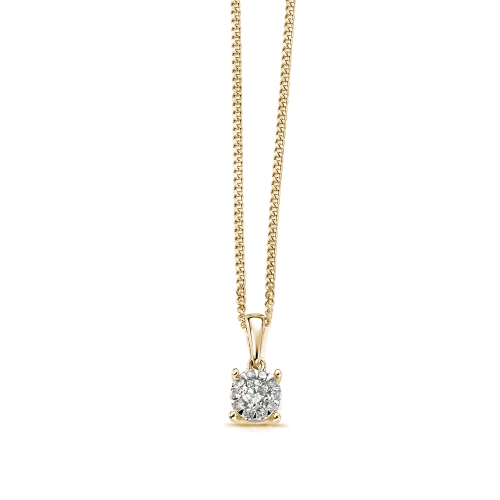 4 Prong Round Yellow Gold Illusion Cluster Pendant Necklaces