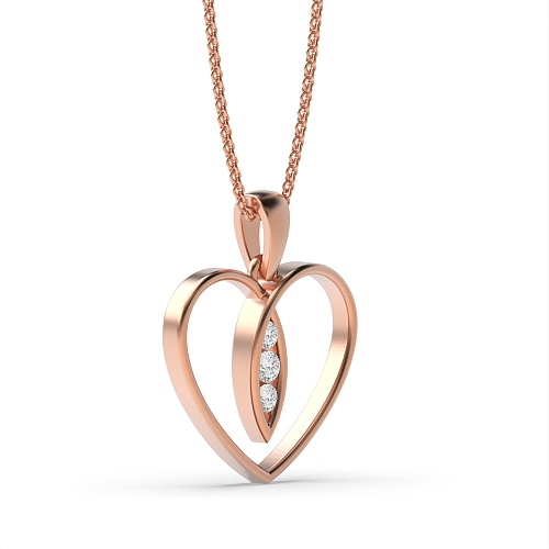 Channel Setting Round Rose Gold three stone Heart Pendant Necklace