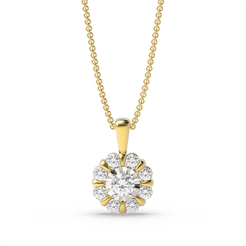4 Prong Round Yellow Gold Fancy illusion Pendant Necklaces