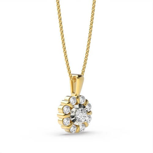 4 Prong Round Yellow Gold Fancy illusion Pendant Necklaces