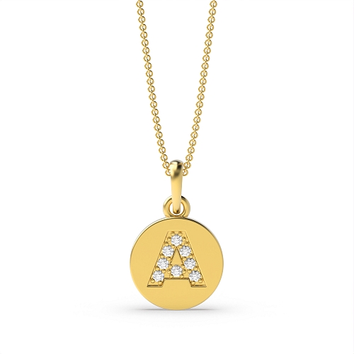 Pave Setting Yellow Gold Round disc letter a Pendant Necklaces