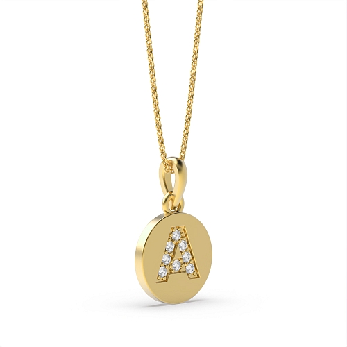 Pave Setting Yellow Gold Round disc letter a Pendant Necklaces