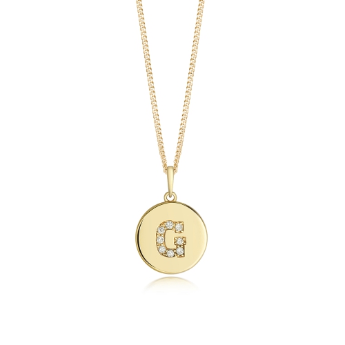Pave Setting Yellow Gold Round disc letter g Pendant Necklaces