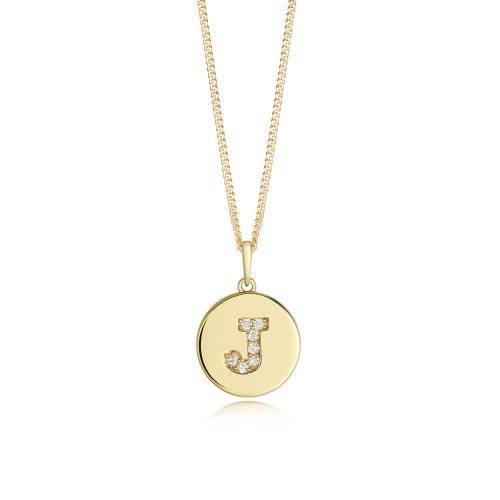Pave Setting Yellow Gold Round disc letter j Pendant Necklaces