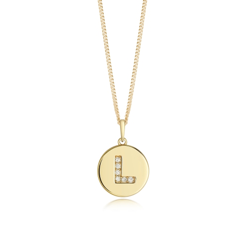 Pave Setting Yellow Gold Round disc letter l Pendant Necklaces